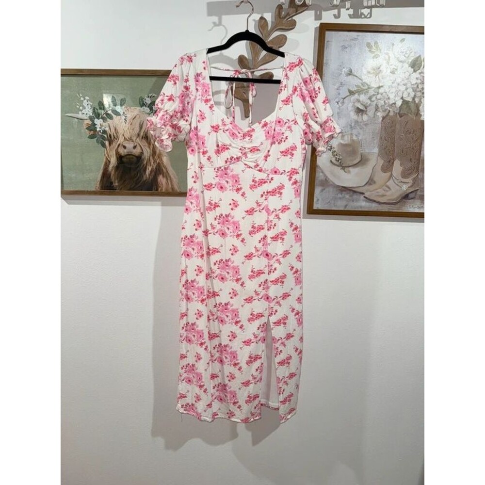 Pink/white floral midi dress, size L